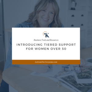White text saying Introducing tiered support for women over 50 over a photo of a white woman smiling.